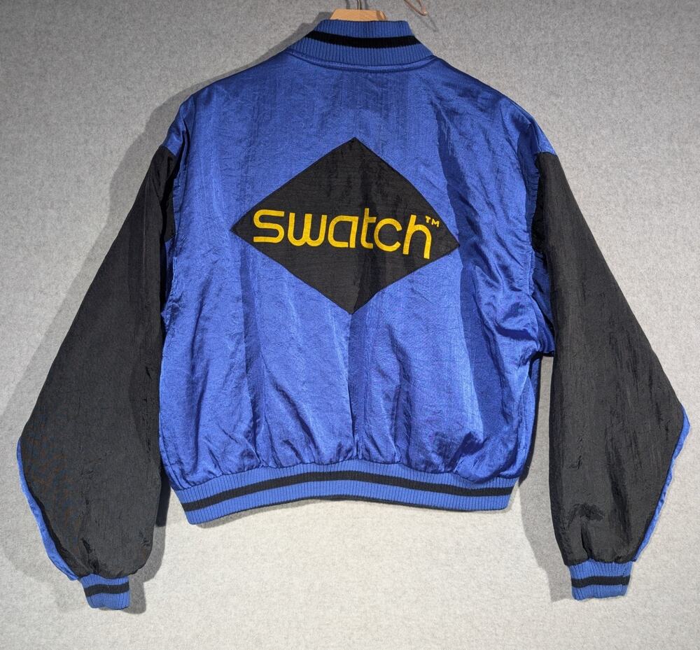 VTG 80s Swatch Club Jacket Womens Medium Nylon Retro Satin Blue Thin Bomber Coat